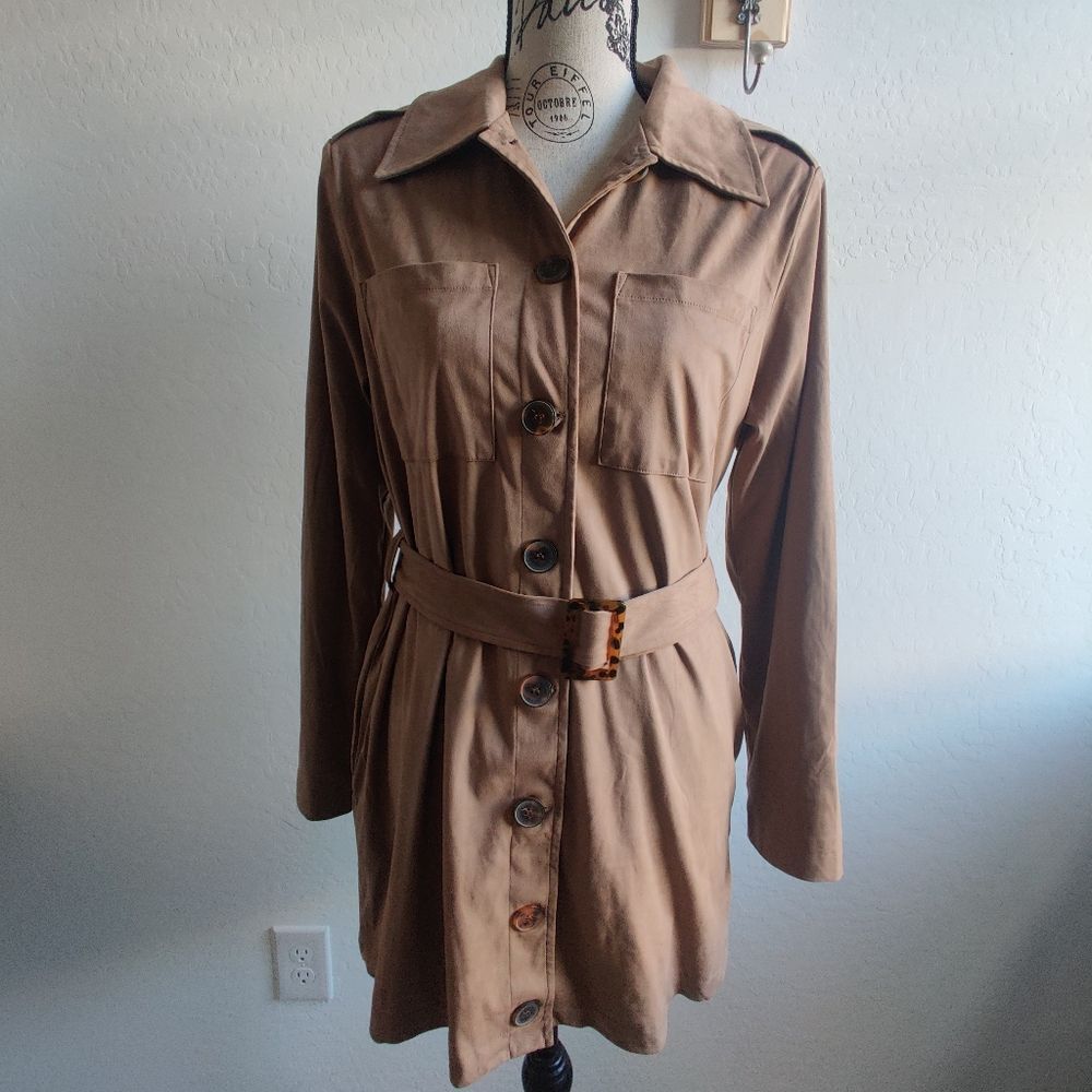 NWT Danielle Bernstein Beige Tan Faux suede belted fall safari trench jacket_Sma